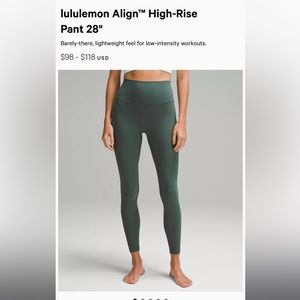 Lululemon Align leggings size 4 dark forest 28”